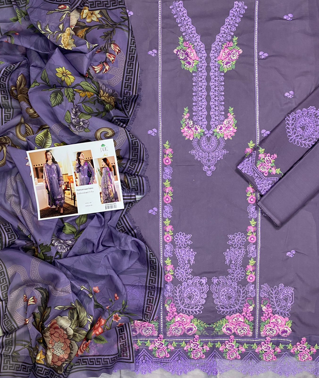 JADE lawn Embroidered luxury unstitched 3pc - Image 2