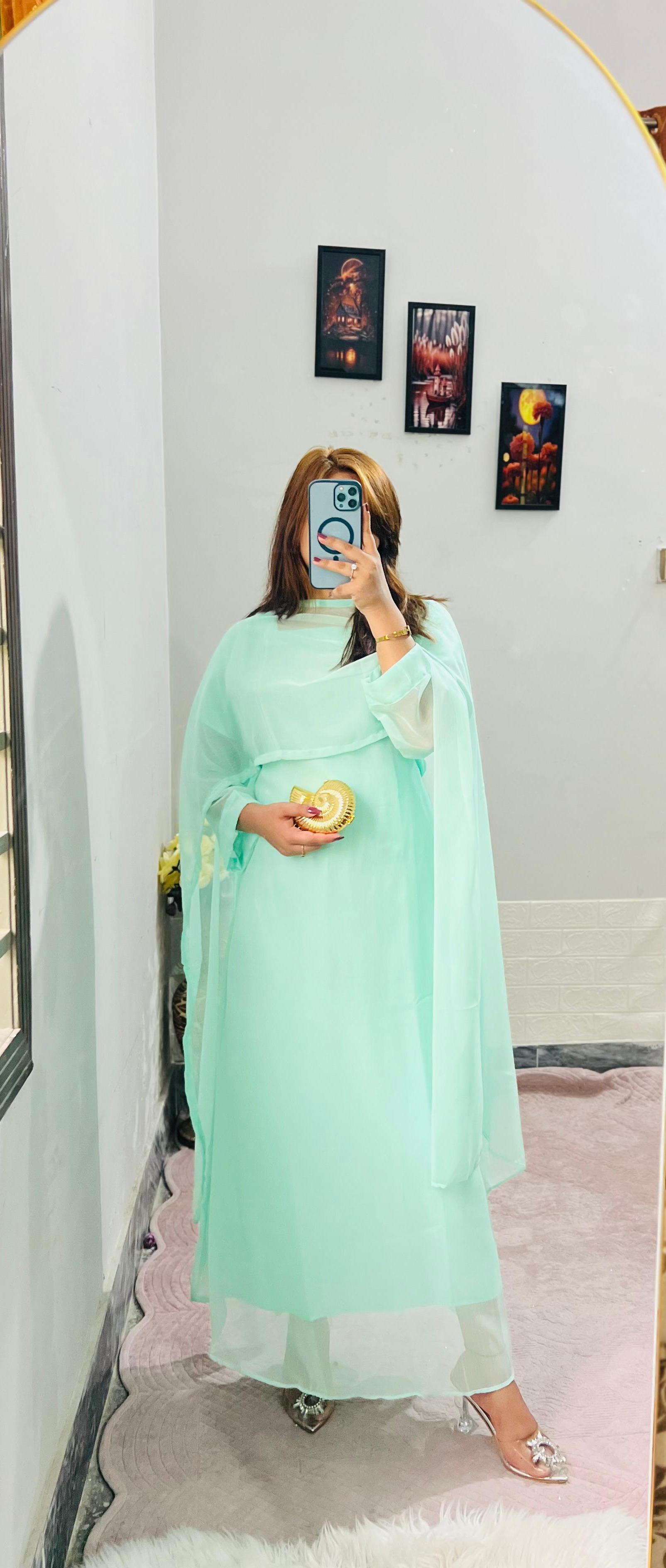 Two Tone Cap Shawl With Long Fitting Body Maxi And Dori Chiffon 2Pcs - Image 4